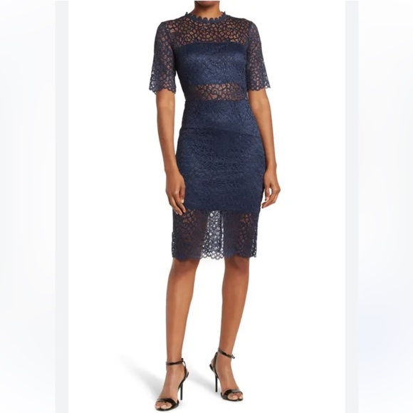 LOVE X DESIGN Navy Blue lace sheath midi dress size L - Picture 1 of 14